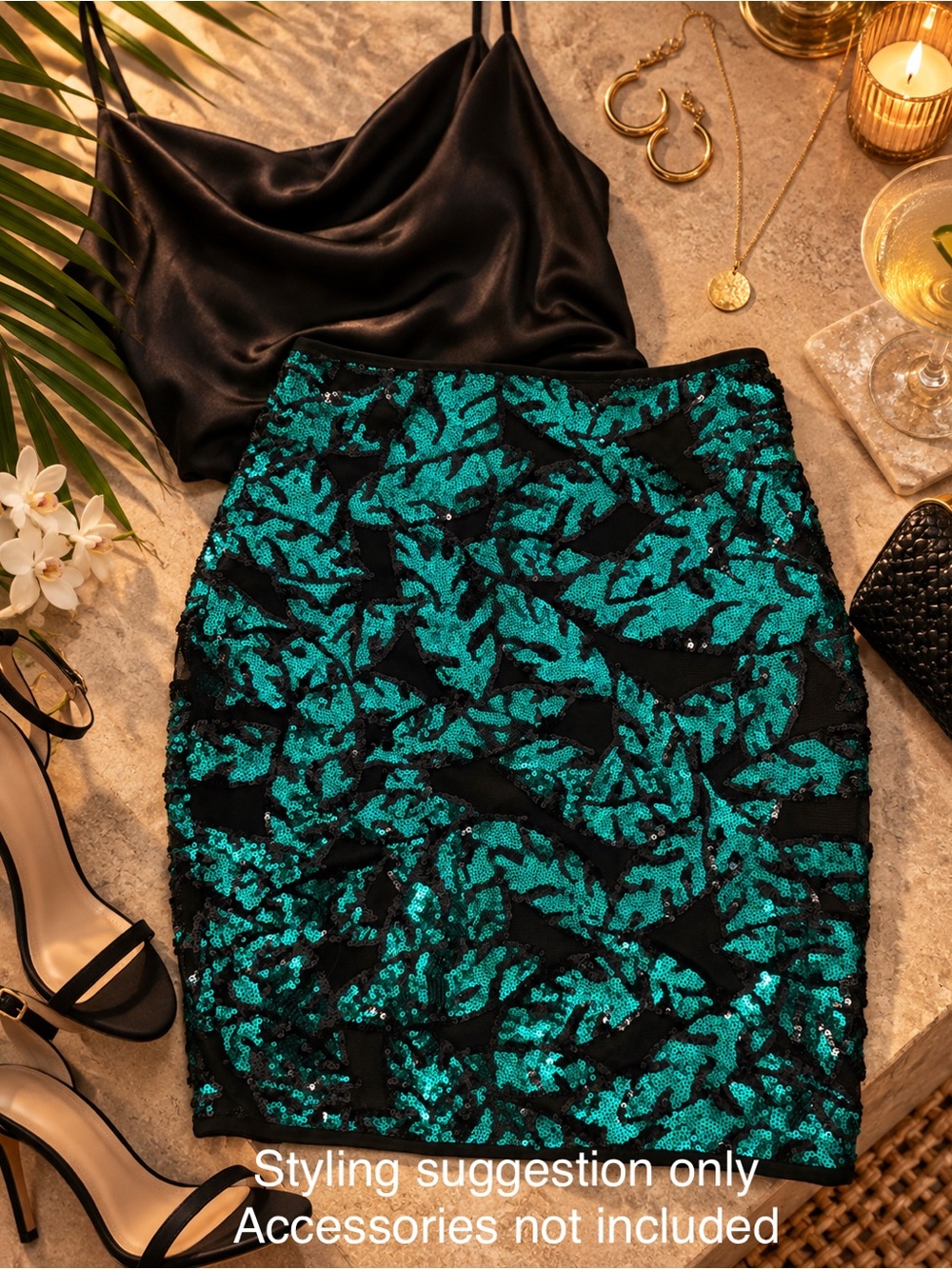 Fashion Nova sequin Mini - boutique style tropical palm leaf party skirt
